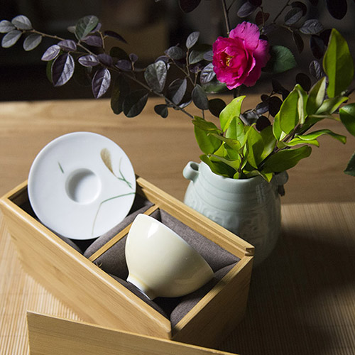 全手工粉黄釉芦苇杯碟套杯